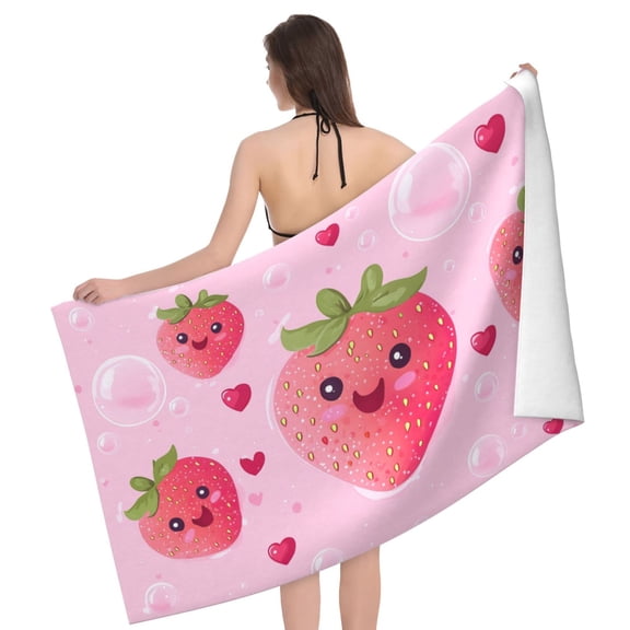 Strawberry Beach Towel 32 X 52 Inch, Pink Smiling Fruit Design, Microfiber Quick Dry Sand Resistant Towel For Pool Travel