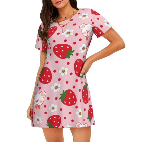 Strawberry Bear Women'S Nightgown Sleepwear Short Sleeves Nightshirt Loose Comfy Pajama 3x-Large