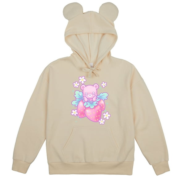Strawberry Bear Women's Cream Long Sleeve Hooded Sweatshirt With 3D Ears-XXL