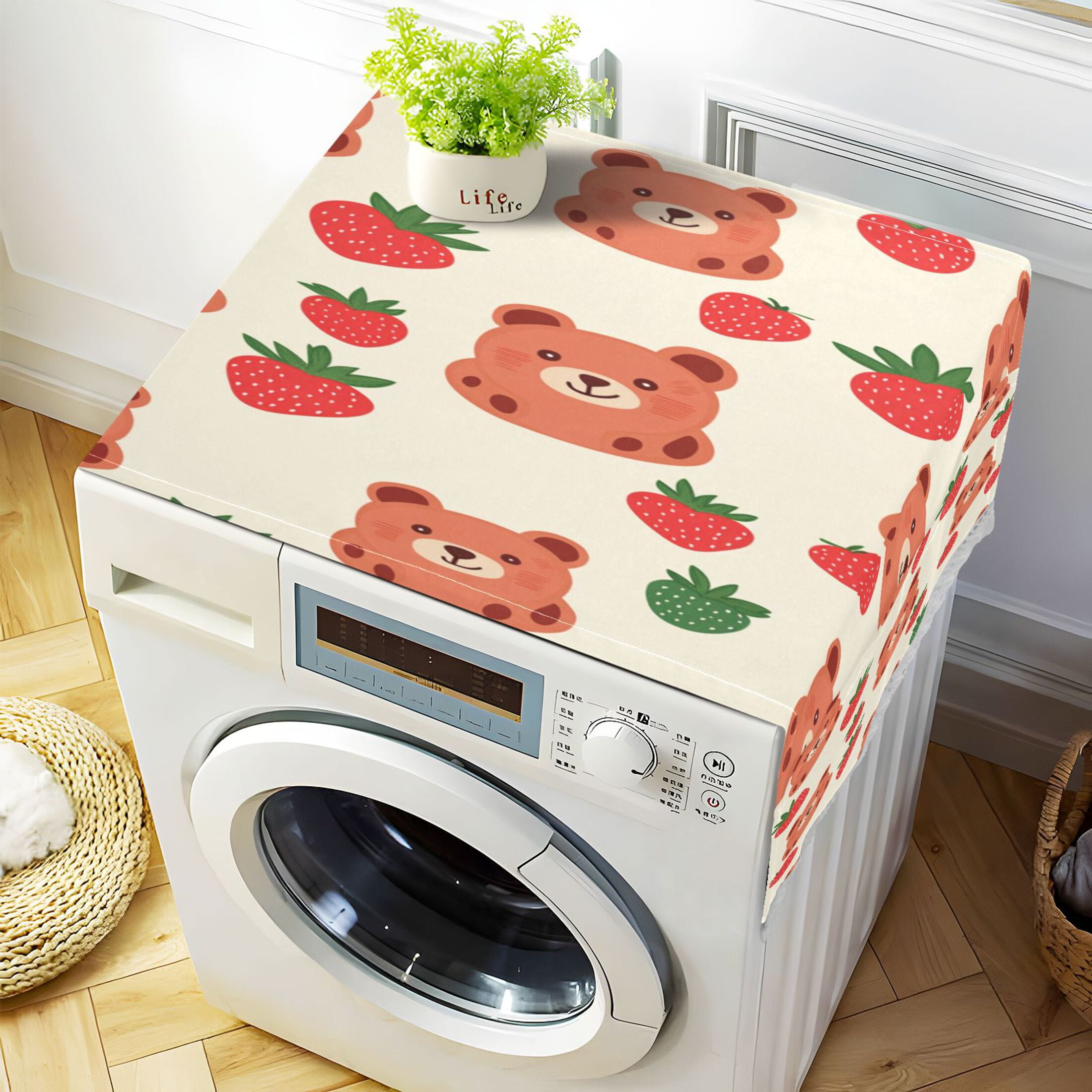 Strawberry BearWasher and Dryer Covers Dust-Proof and Oil Resistant Fridge Cover with 4 Storage Pockets Washing Machine Top Cover for Laundry Kitchen Home 51.2 x 22 In