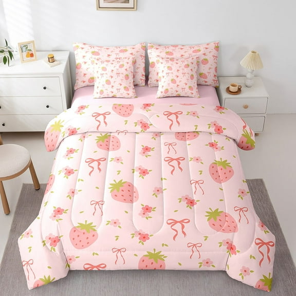 Strawberry Bed in a Bag Queen Comforter Set 7 Piece,Pink Bow Tie Bedding Set,Princess Silk Ribbon Comforter and Sheet Set Cute Bowknot Bed Set,Boho Floral Flowers Pink Kawaii Room Decor