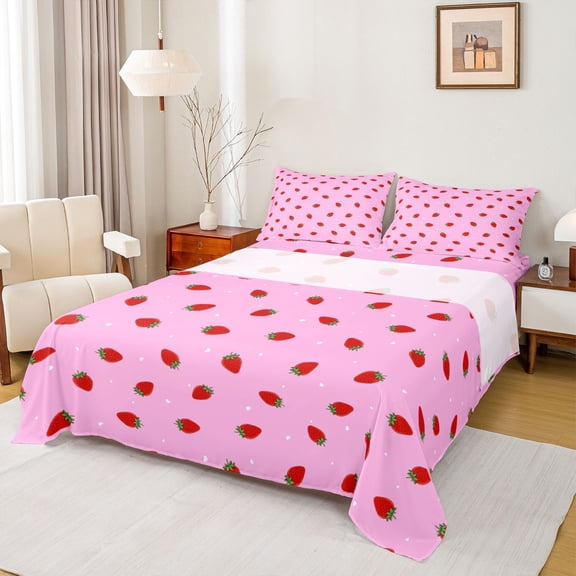 Strawberry Bed Sheets Tropical Fruit Sheet Set 4 Pcs Kawaii Strawberry Sheets Set + Deep Pocket Fitted Sheet + Strawberry Flat Sheet + Cute Cartoon Fruit Decor 2 Pillowcases Full Pink