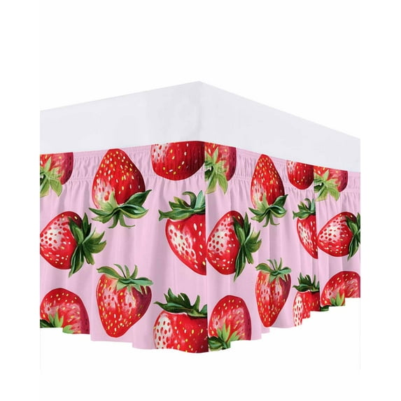 Strawberry Bed Skirt Queen Size 18" Drop Red Plant Fruit Watercolor Pink Background Ruffled Wrap Around Bed Skirts Adjustable Elastic Bedskirt Dust Ruffle for Queen Size Bed