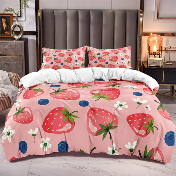 Strawberry Bedding Sweet Strawberry Duvet Cover for Kids Pink Cute Cartoon Fruit Food Theme Girly White Floral Room r