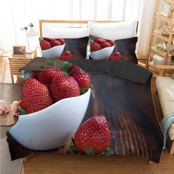 Strawberry Bedding Sweet Strawberry Duvet Cover for Kids Pink Cute Cartoon Fruit Food Theme Girly White Floral Room r