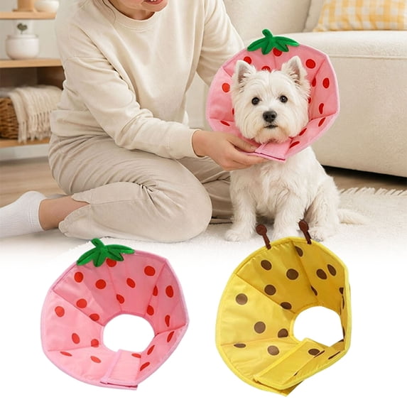 Strawberry/Bee Recovery Collar Soft Fruit Elizabethan Cone for Dogs Cats Adjustable Comfort Post-Surgery Neck Brace with Cute Pattern Pink - S