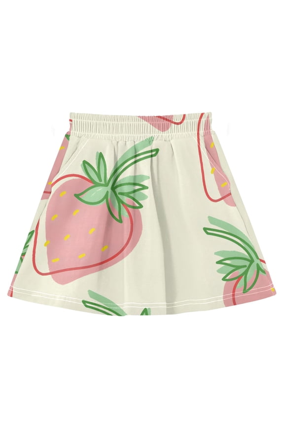 Strawberry Beige Yellow Background Pattern Cotton Skirt Built-in Liner Elastic A-Line Flared Skirt with Pockets