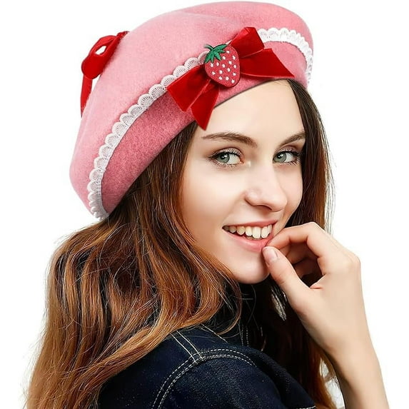 Strawberry Beret Hat Womens Strawberry Hat Wool Strawberry Bowknot Beret with Pearls French Style Pink Berets