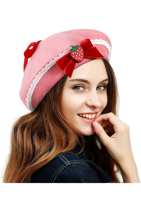 Strawberry Beret Hat with Bowknot - French Style Wool Beret for Women and Girls