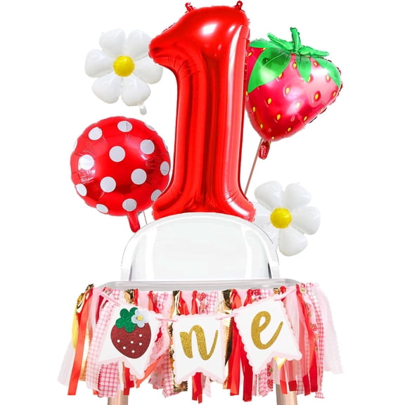 Strawberry Berry First Birthday High Chair Banner Party Supplies Kit: Sweet First Birthday Banner One Balloon Strawberry Daisy Balloons Smash Cake Decoration Photo Prop Gifts For Kids Girls Y114