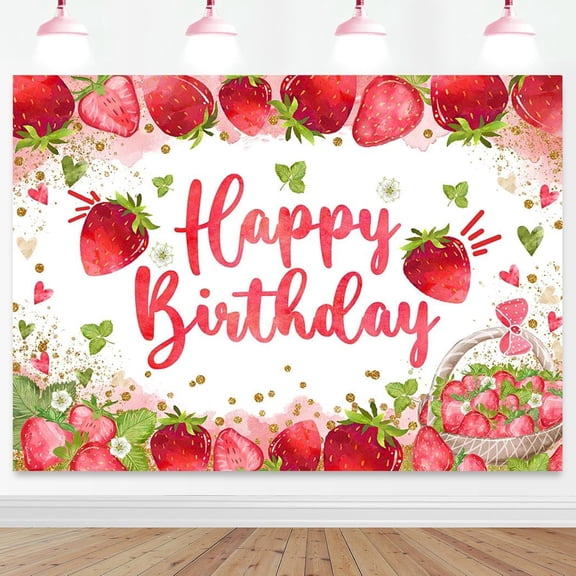 Strawberry Birthday Backdrop Strawberry Girl Happy Birthday Party Decorations Background Sweet One Girl Birthday Photography Backdrop Cake Table Decorations (5x3ft)