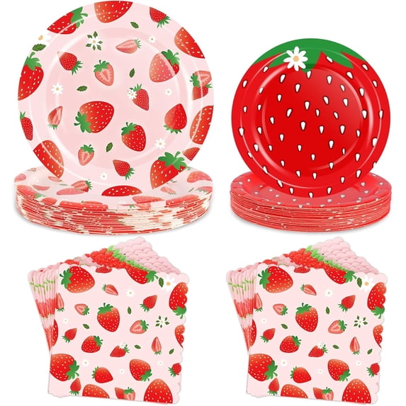 Strawberry Birthday Decorations, 75 Pcs Disposable Fruit Paper Plates and Napkins Tableware Set for Summer Sweet One 1st Baby Shower Berry First Strawberry Themed Party Supplies, Serves 25