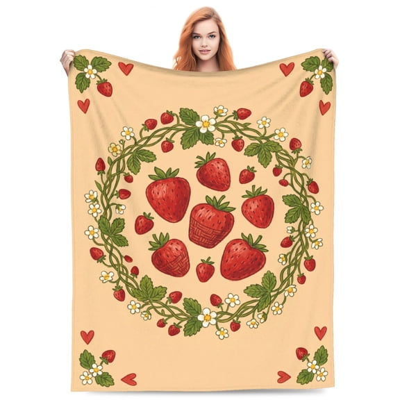 Strawberry Blanket, Soft Cozy Flannel Throw Blanket with Strawberry Design, Lightweight Blanket for Travel, Camping, Sofa, Bedroom, Living Room Decor, Gift 50"x40"