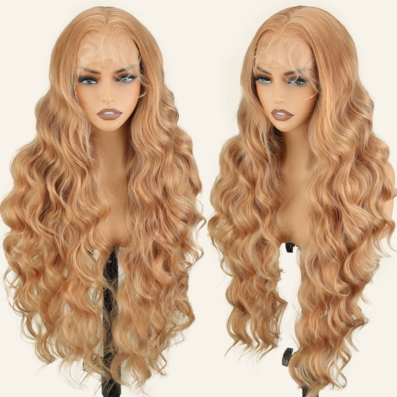 Strawberry Blonde 13x6 Lace Frontal Wig 32 Inch Body Wave Pre Plucked with Baby Hair Transparent Swiss Heat Friendly Synthetic Honey Blonde Lace Front Wigs for Women Christmas Gift
