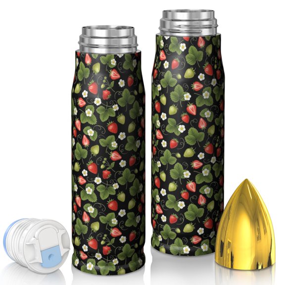 Strawberry and Blossom Black Pattern Bullet Tumbler, Vacuum Insulated Novelty Travel Tumbler Bpa-free Pc Lid Gifts Ideas for Home Office Outdoor Sports Car