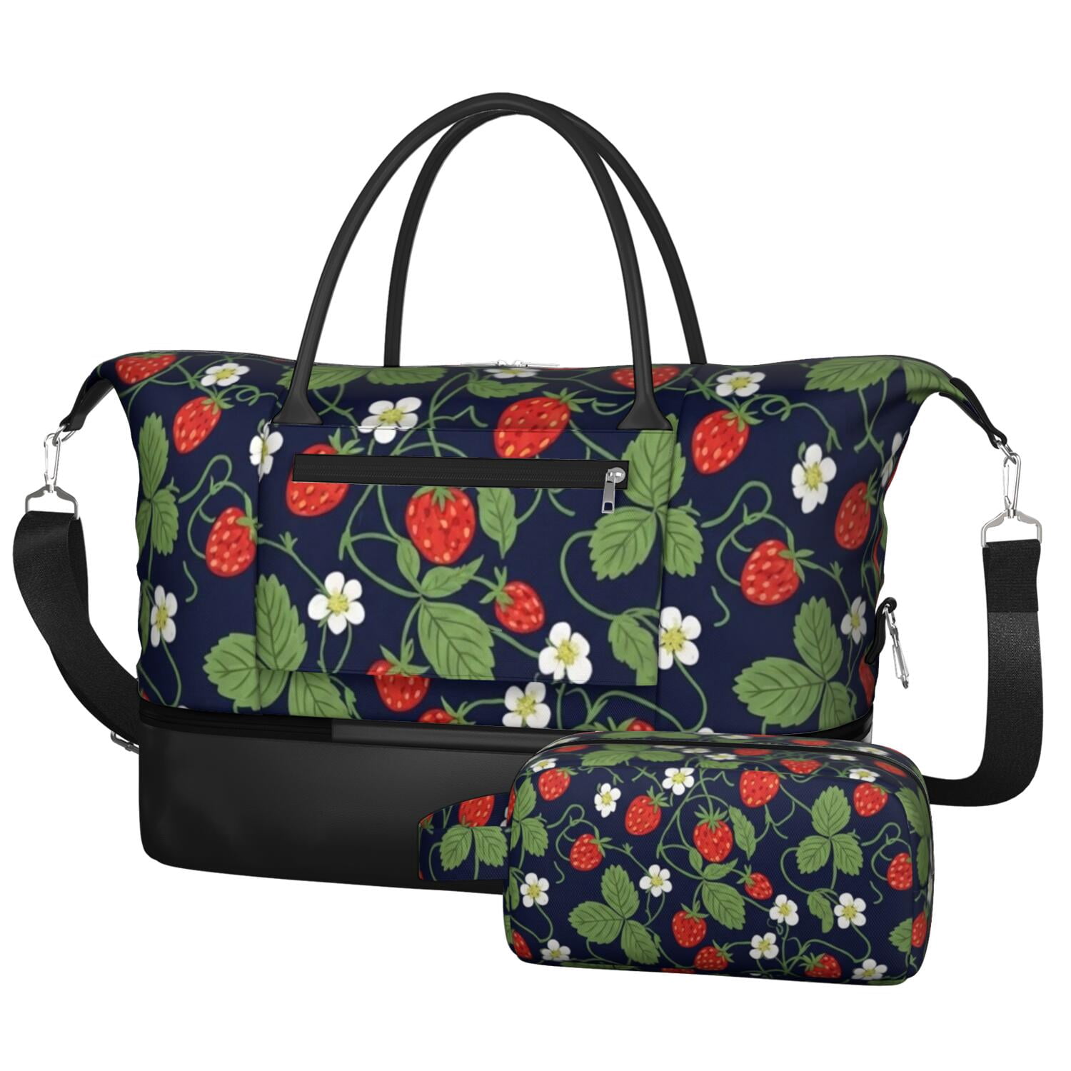 Strawberry and Blossom Blue Pattern 2 Piece Travel Bag Set, Overnight ...