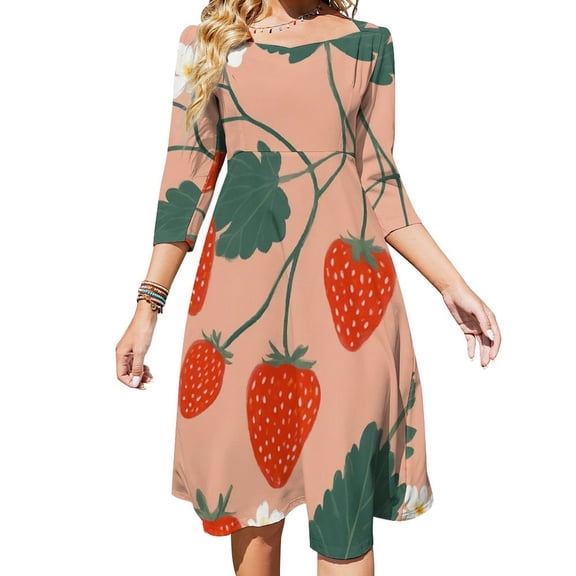 Strawberry Blossoms Pink Background Cute Art Womens Summer Dress Tie Back A Line Flare Dress
