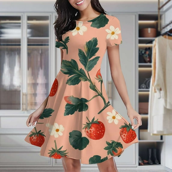 Strawberry Blossoms Pink Background Pattern Women's Classic Swing Skater Dress Casual Work Party Cocktail Dresses
