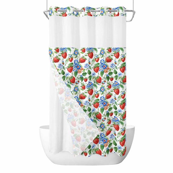 Strawberry Blue Flower No Hooks Shower Curtain with Snap-in Liner Spring Leaf Plant Shower Curtains for Bathroom, Waterproof, Easy Install, Washable 36"x72"
