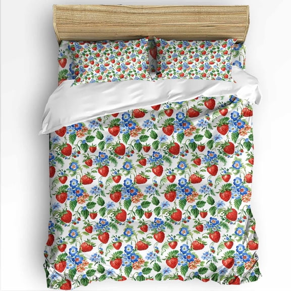 Strawberry Blue Flower Queen Size Comforter Set, Spring Leaf Plant Retro Soft Bedding for All Seasons, 4 Pcs Bed Set with 1Comforter (90"x92") ,1 Sheet(94"x116"), 2 Pillowcases (19"x29")