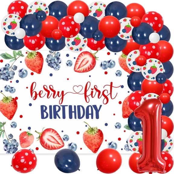 Strawberry Blueberry First 1st Birthday Background Cloth Balloon Chain Set - Happy Birthday Background Cloth, Red Number 1 Foil Balloon, Latex Balloon for Children's First Birthday Party Supplies.