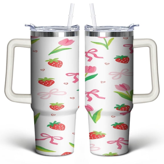 Strawberry Bow 30 Oz Tumbler with Handle Lid and Straw, Stainless Steel Double Walled Vacuum Insulated Cup, Cute Anniversary Wedding Birthday Gifts Tumbler for Women Men Friends Outdoor Indoor