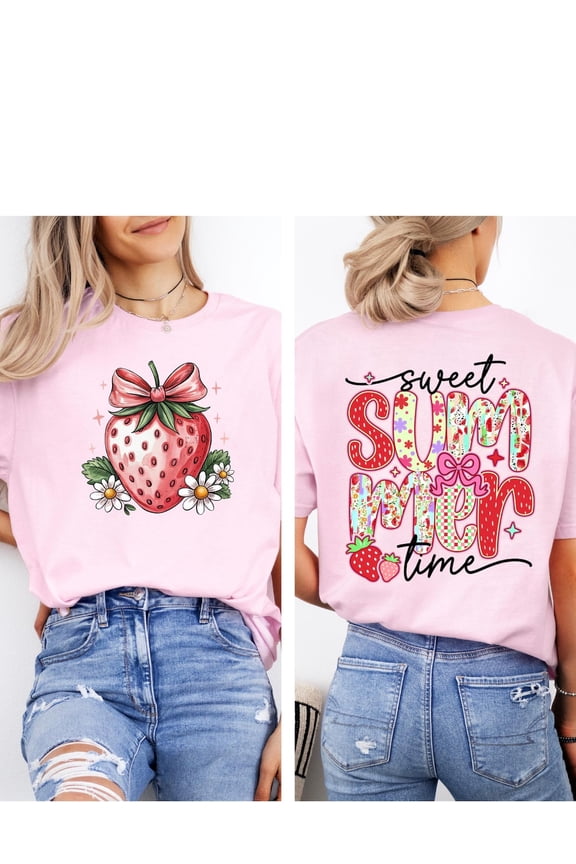 Strawberry Bow Back T-Shirt, Sweet Summertime Graphic Tee TSHIRT All Size S-5XL