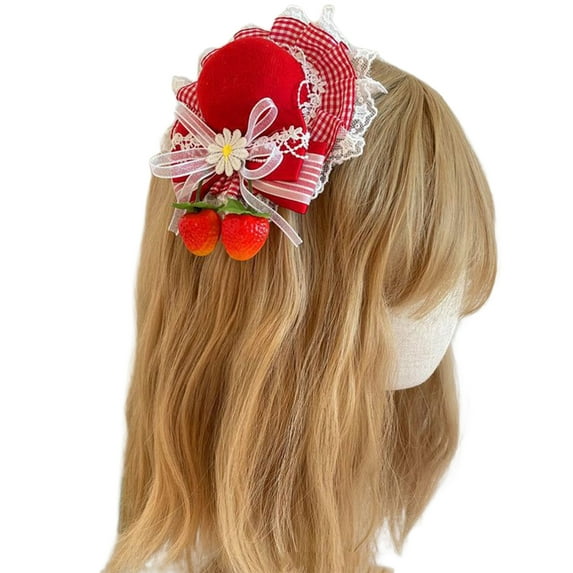 Strawberry Bow Plaids Balletcore Bowler Hat Hair Clip Top Hat Bow Plaids Hair Clip Strawberry