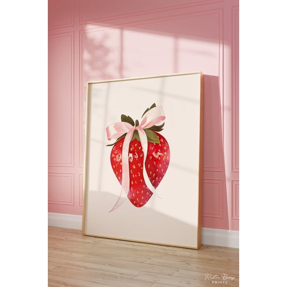 Strawberry Bow Poster Coquette Kitchen Wall Art Cute Decor, Stretched Canvas 8x10in