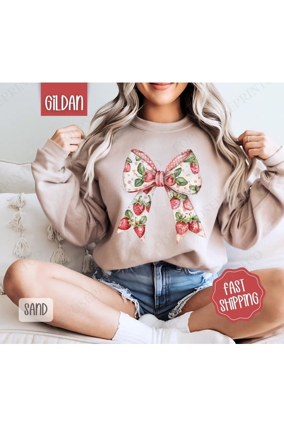Strawberry Bow Sweatshirt, Cute Fruit Sweater, Girly Aesthetic Crewneck, Spring Berry Sweatshirt, Coquette Strawberry Sweater, for Her All Size S-5Xl