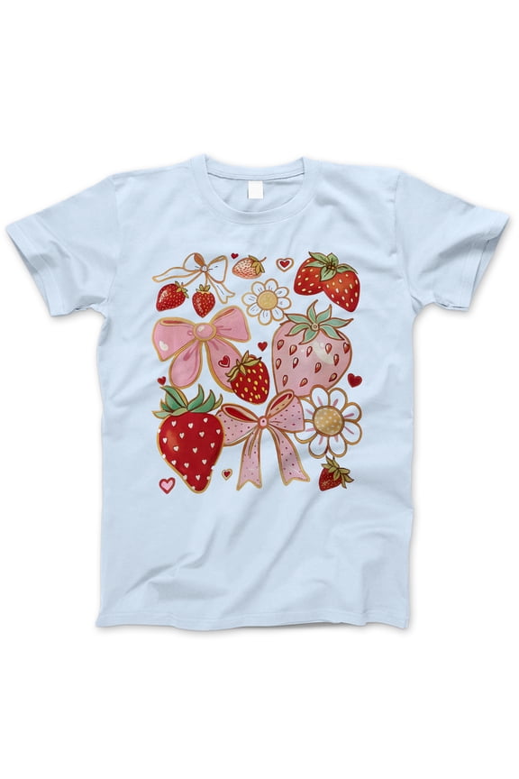 Strawberry Bow T-Shirt – Cute Pink Strawberry and Floral Graphic Tee, Coquette Aesthetic Gift, Sweet Summer Casual Shirt for Women and Girls
