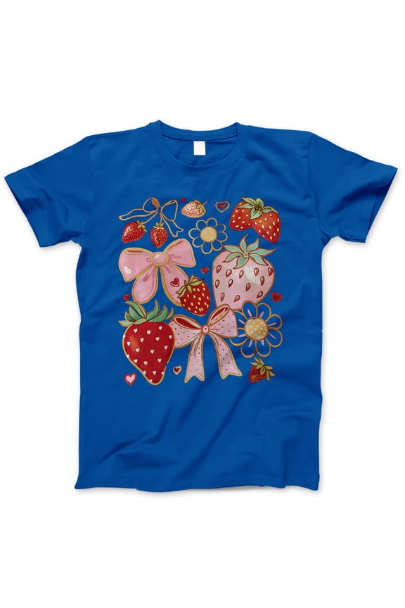 Strawberry Bow T-Shirt – Cute Pink Strawberry and Floral Graphic Tee, Coquette Aesthetic Gift, Sweet Summer Casual Shirt for Women and Girls