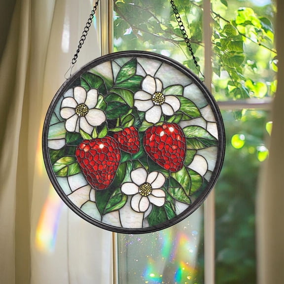 Strawberry Branch Glass Suncatcher, Floral Window Ornament, Housewarming, 3.5 in