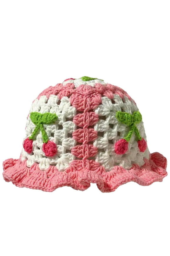 Strawberry Bucket Hat for Women, Strawberry Shortcake Hat,Cute Knitted Pink Crochet Ruffled Strawberry Hat Autumn and Winter