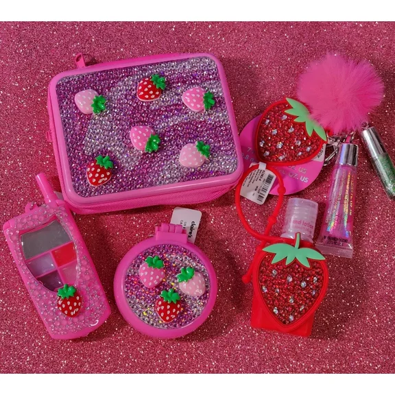 Strawberry Bundle Eyeshadow Lip Gloss Lotion Mirror Keychain Brush 5 Items NWT