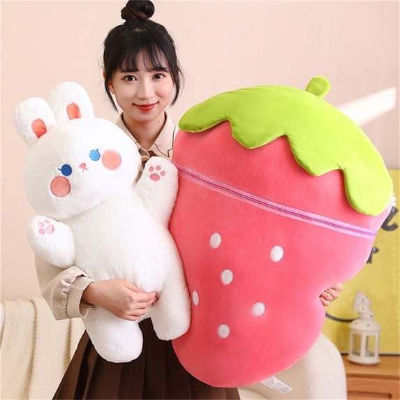 Strawberry Bunny Stuffed Animal, 11.8" Soft Detachable Rabbit Plush Toy, Lovely Stuffed Animal Plushies, Ideal Birthday Christmas Easter Presents for Kids, Girls, Boys