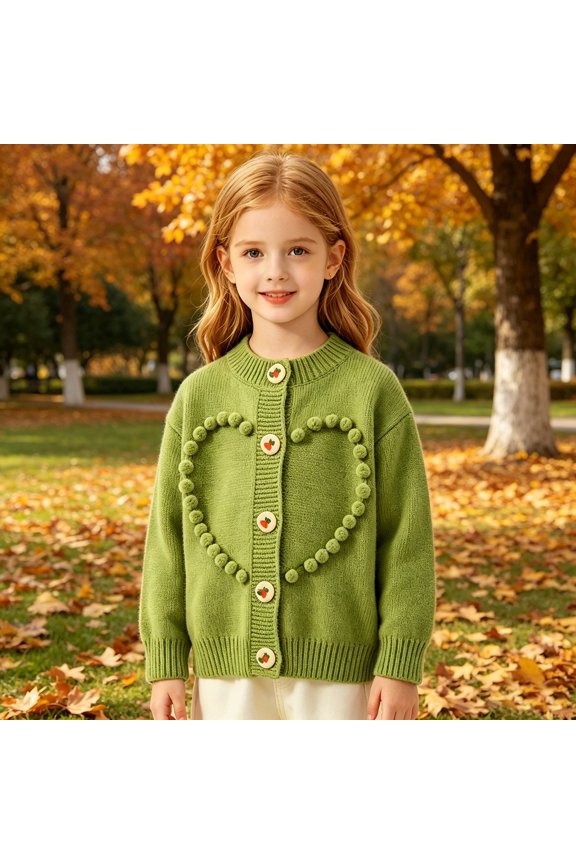 Strawberry Button Heart Pom Pom Knit Cardigan for Girls, Loose Long Sleeve Knit Jacket, Elastic Soft Yarn for Spring Autumn Layering Matching Green 120