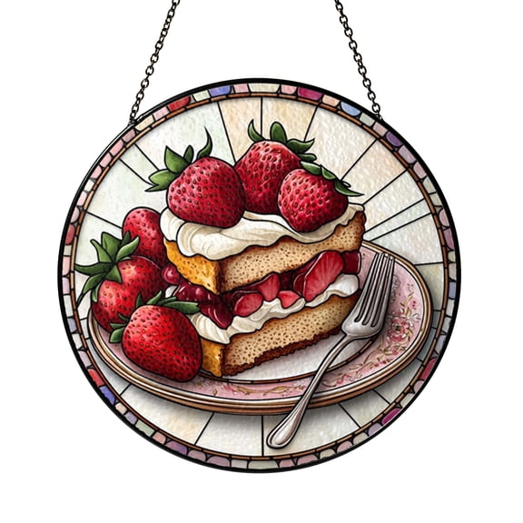 Strawberry Cake Dessert Stained Glass Style Window Suncatcher Hanging Decor, Bakery Decorative Glass Panel Art for Kitchen Window Decor