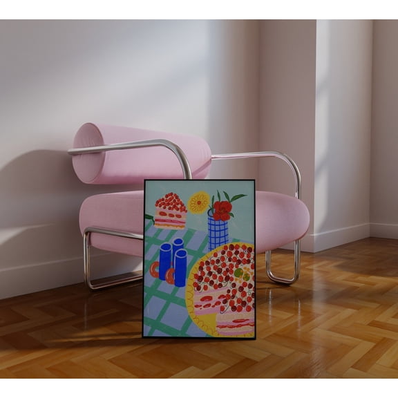 Strawberry Cake Drawing Colorful Kitchen Art, Unframed Canvas 12x16in