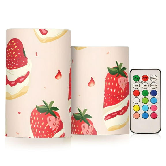 Strawberry Cake Flameless CandlesLED Lights Battery Operated Candles with Remote and Timers Flicker Lights Votive Set of 2