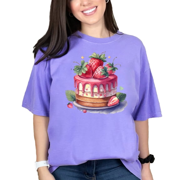 Strawberry Cake Graphic T-Shirt, Cute Dessert Art Tee, Watercolor Cake Shirt, Sweet Treats Tshirt, Strawberry Lover Gift Top, Violet Comfort Colors T-Shirt, Large