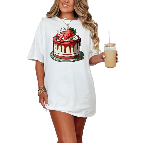 Strawberry Cake Graphic T-Shirt, Dessert Lovers Gift, Foodie Apparel, Fun and Colorful Tee, Sweet Treats Shirt, Strawberry Lovers Top, White Comfort Colors T-Shirt, Small
