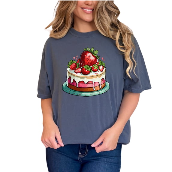 Strawberry Cake TShirt, Cute Dessert Graphic Tee, Sweet Treats Shirt, Cake Lover Gift, Bakery Art Apparel, Food Illustration Top, Denim Comfort Colors T-Shirt, Small
