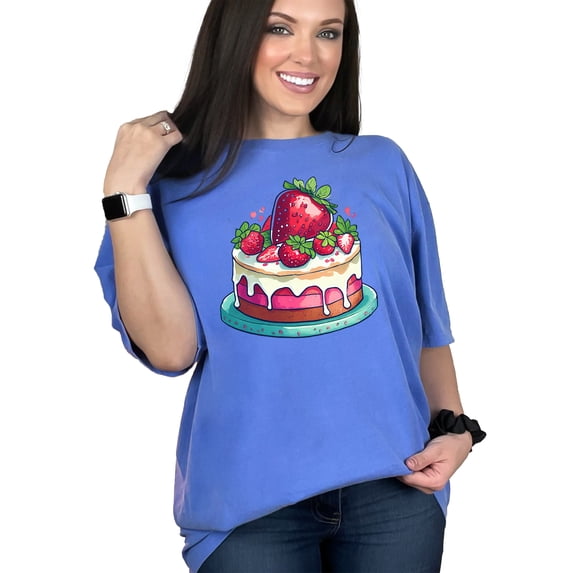 Strawberry Cake TShirt, Cute Dessert Graphic Tee, Sweet Treats Shirt, Cake Lover Gift, Bakery Art Apparel, Food Illustration Top, Flo Blue Comfort Colors T-Shirt, Large