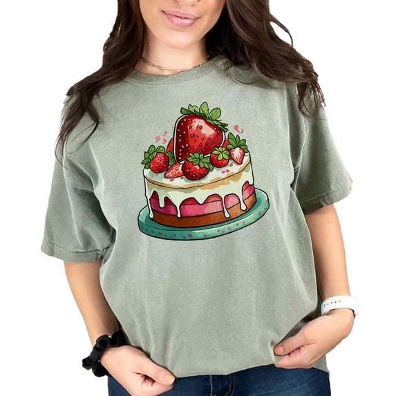 Strawberry Cake TShirt, Cute Dessert Graphic Tee, Sweet Treats Shirt, Cake Lover Gift, Bakery Art Apparel, Food Illustration Top, Moss Comfort Colors T-Shirt, Small