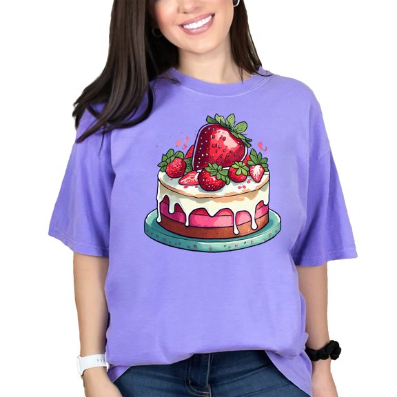 Strawberry Cake TShirt, Cute Dessert Graphic Tee, Sweet Treats Shirt, Cake Lover Gift, Bakery Art Apparel, Food Illustration Top, Violet Comfort Colors T-Shirt, Medium
