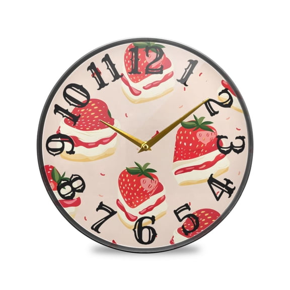 Strawberry Cake Wall Clock 10 Inch Silent Non Ticking Battery Operated Easy to Read for Kitchen Living Room