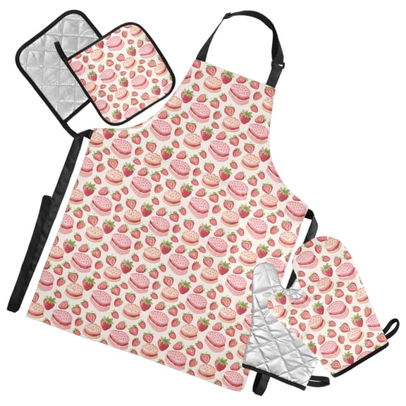 Strawberry Cakes 5 Pcs Kitchen Set Heat Resistant Oven Mitts and Non-Slip Pot Holders with Adjustable Cooking Apron