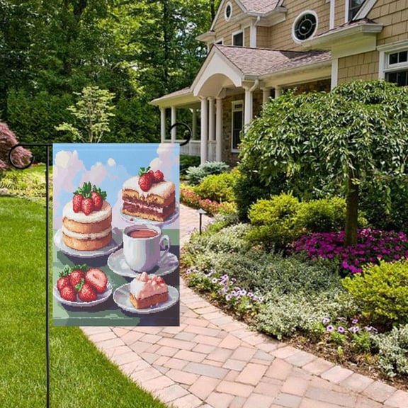 Strawberry Cakes Coffee Garden Flag Double Sided 12 x 18 Inch Outside Yard Decoration Outdoor Flag