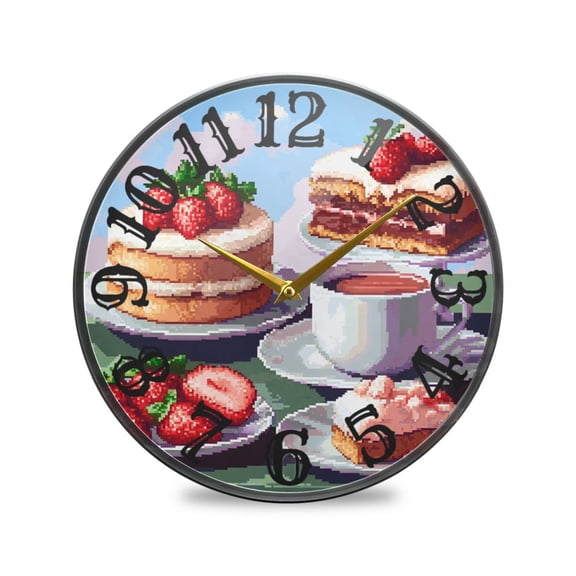Strawberry Cakes Coffee Wall Clock 10 Inch Silent Non Ticking Battery Operated Easy to Read for Kitchen Living Room